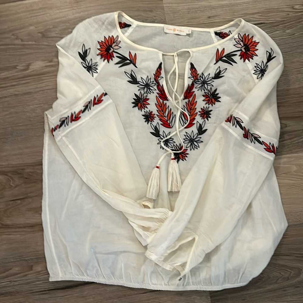 Tory Burch White Peasant Blouse with Red and Black Floral Embroidery